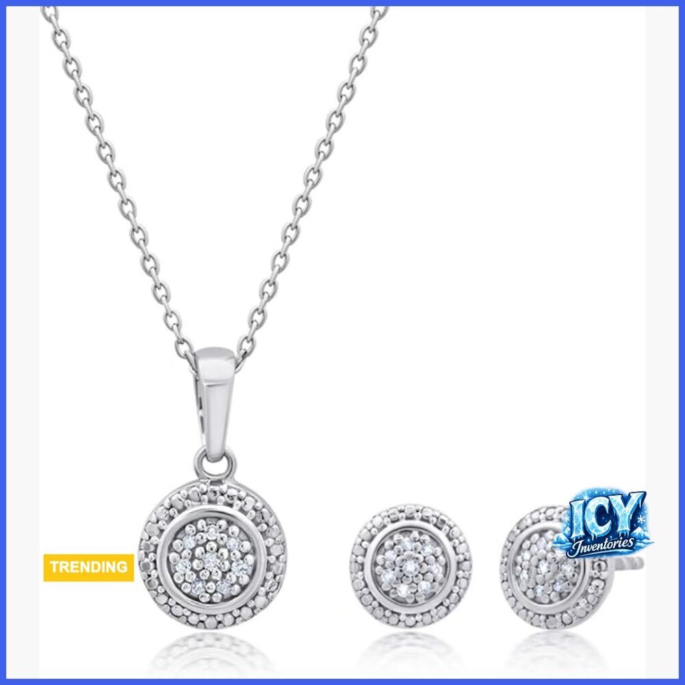 Sterling Silver Diamond Halo Pendant Necklace and Stud Earrings Set